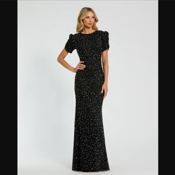 Mac Duggal 24003 Size 12 Black Pearl Gathered Short Sleeve Long Maxi Gown Dress - Picture 5 of 7